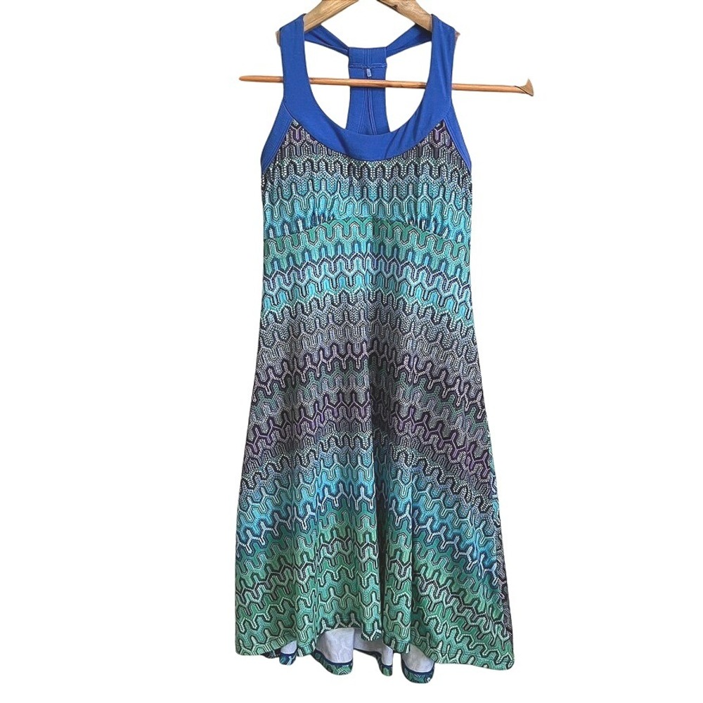 Prana Dress XS‎ Racerback Athletic Blue Green Geometric Recycled Blend